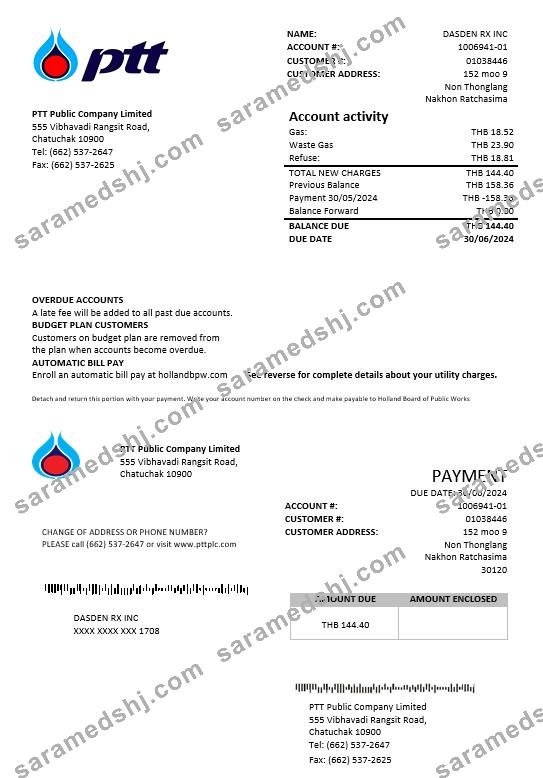 Thailand PTT gas business utility bill template in Word and PDF formats